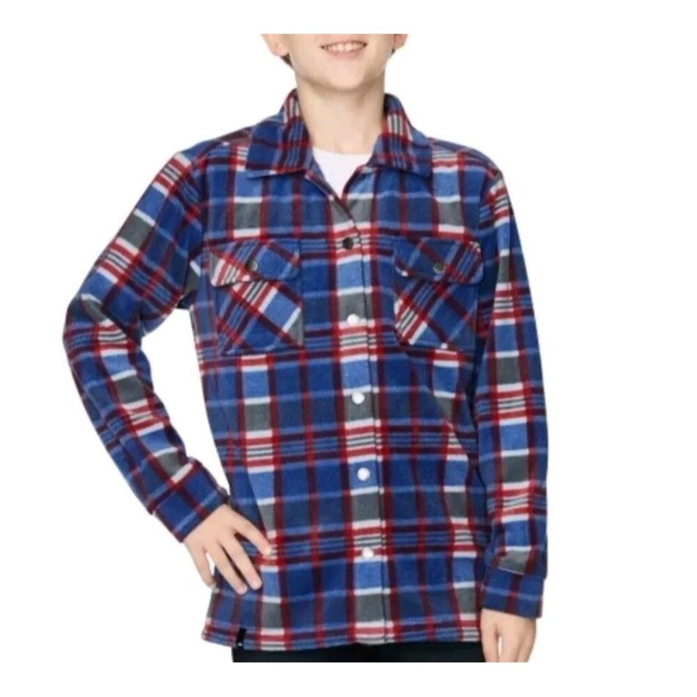 QUIKSILVER Youth Boy's M (10/12) Fleece Shirt Jacket Shacket Pockets Blue Plaid